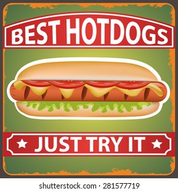 Retro style bright fresh hot dog poster. Vector illustration can be used for food menu or street food posters design, prints, web and other crafts.