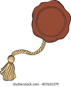 Retro style brown wax seal on rope on white background.

