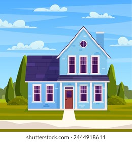 retro style building. Cartoon apartment house on nature landscape. Suburban house, residential cottage, real estate countryside building. Vector illustration in flat style