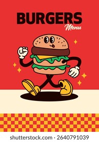 Retro Style Burger Guy Poster. Vector Illustration of Old Fashion Vintage Cartoon Happy Concept. Street Food Menu.