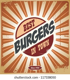 Retro style burger sign, vintage poster template, old metal background with hamburger graphic made from creative typography.