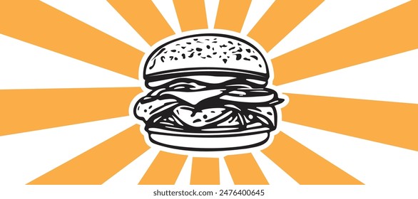 Retro Style Burger Vector Illustration with Sunburst Background