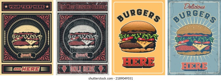 Retro Style Burgers Advertising Posters Set