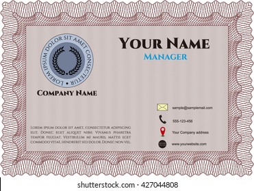 Retro Style Business card. Lovely design. Complex background. Border, frame. 