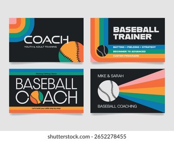 Retro style business cards offering baseball coaching services to kids and adults. Attractive business card designs focus on training programs, strategy, and skill development.