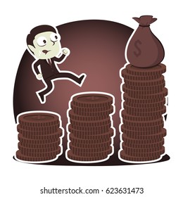 retro style businessman climbing coins stair to get sack of money