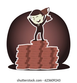 retro style businessman on top of money stacks with trophy