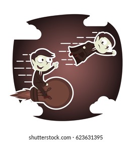 retro style businessman with rocket idea against super businessman