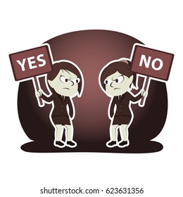 retro style businesswoman arguing using yes and no sign