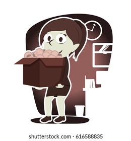 retro style businesswoman carrying box full of bulb