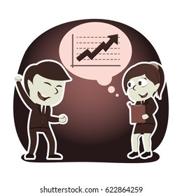 retro style businesswoman presenting up graph to her boss