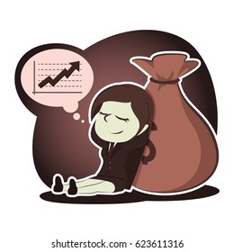 retro style businesswoman sleep beside her money sack and dreaming about success