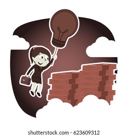 retro style businesswoman using her idea to the top of money peak