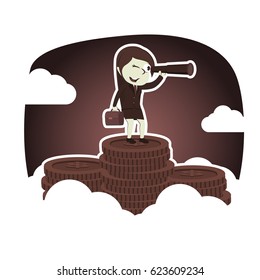 retro style businesswoman using telescope on the top of coins peak