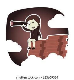 retro style businesswoman using telescope on top of money peak
