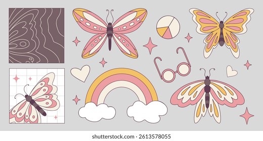 Retro style butterflies set isolated on background. Vector cartoon illustration of beautiful vintage flying insects with wings, rainbow, heart, eyeglasses icons, groovy design elements for old posters