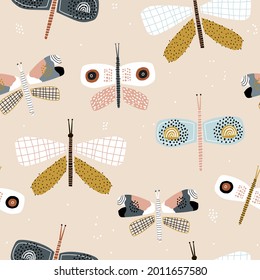 Retro style butterfly pattern. Creative summer hand drawn moth texture. Great for fabric, apparel, wallpaper, digital papers
