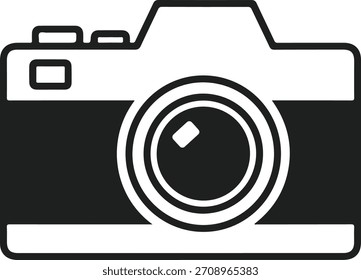 Silueta del icono gráfico de la cámara del estilo retro con el detalle de la lente en un fondo blanco limpio que captura la esencia de la Fotografía y de la visión creativa
