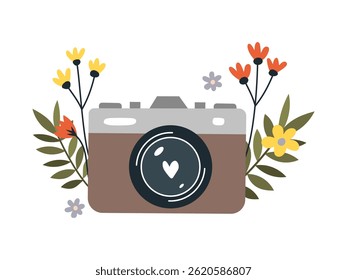 Retro-Kamera mit einem Herz auf der Linse, umgeben von bunten handgezeichneten Blumen und Blättern