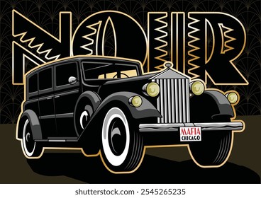 Carro estilo retro da década de 1930 - 1940, fundo Art Deco, modelo vetor para Noir estilo pôsteres, capas, ilustrações modelo 