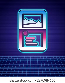 Retro style Card game collection icon isolated futuristic landscape background. Fantasy ui kit with magic items. 80s fashion party. Vector