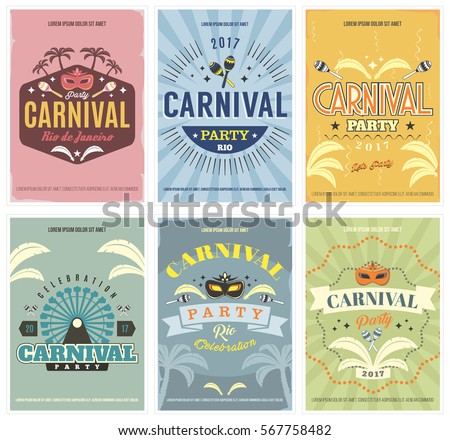 Retro style Carnival posters set  with masquerade masks, ferris wheel and more. Isolated. Vector. Vintage carnival party invitation
