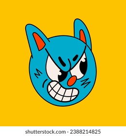 Retro style cartoon angry cat face. Groovy vintage 70s blue cat character angry muzzle.