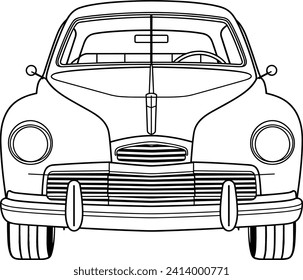 Retro style cartoon car illustration, coloring page of a classic modern car, black and white outline, car vector icon