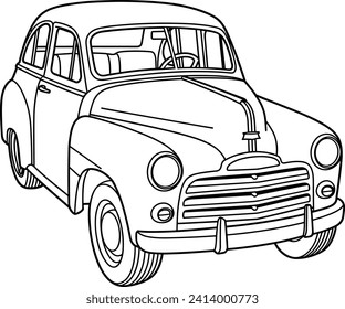 Ilustración del coche de dibujos animados de estilo retro, página de color de un coche moderno clásico, contorno blanco y negro, icono del vector del coche