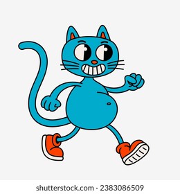 Retro style cartoon cat character. Groovy vintage 70s blue cat character in boots walking.