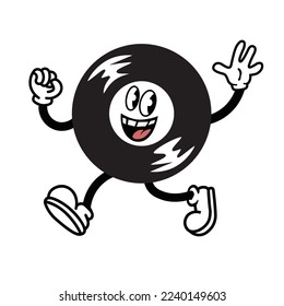 retro style cartoon character with a body of a vinyl disc. Music streaming service icon, recording store logo. Vintage rubberhose comic style design. Vector illustration