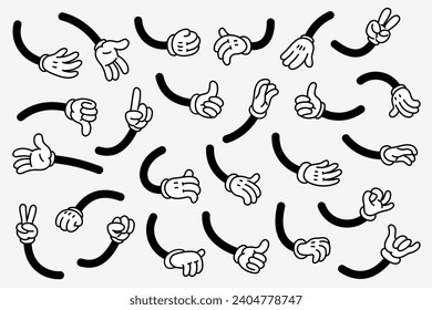 Retro style cartoon Hands. Groovy vintage 30s characters hands with various gestures