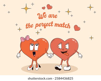 Retro style cartoon heart characters love story design. Red mascots with arms and legs express emotions, bringing nostalgia to Valentine’s Day greeting cards. Cute and romantic groovy mascots. 