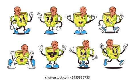 Retro Style Cartoon Mug Characters. Charming, Vintage-inspired Cups With Gingerbread Man Cookie, Bright Colors