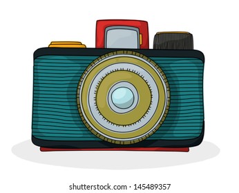 Retro style cartoon photo camera drawing over white background