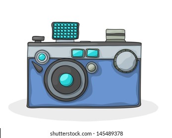 Retro style cartoon photo camera drawing over white background