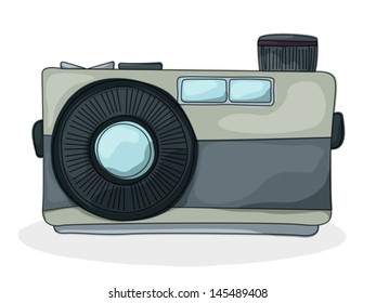 Retro style cartoon photo camera drawing over white background