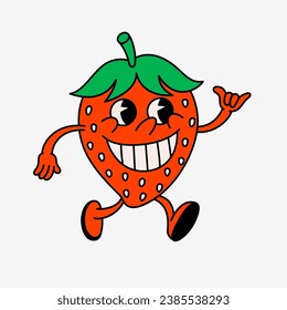 Retro style cartoon strawberry character with smile. Groovy vintage 70s berry character with funny face showing shaka gesture.
