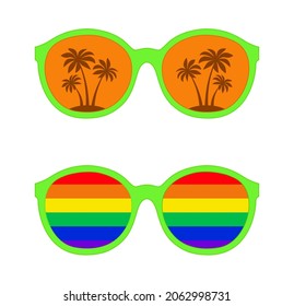 retro style cartoon sunglasses with palm tree and rainbow color icon isolated on white background