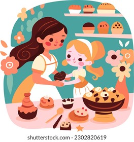 Dibujo vectorial de estilo retro de una linda madre y su hija horneando en la cocina.
