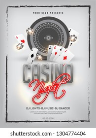 Retro Style Casino Night Party Template Design With Slot Machine, Playing Cards And Casino Chip Illustration.