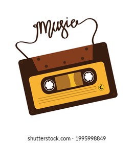 retro style cassette box design with tapes forming the word music, vector illustration, logo, design, lettering