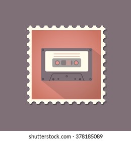 Retro style cassette flat stamp with shadow. Vector illustration.