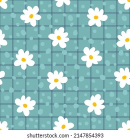 Retro-Stil Schachbrett naive daisy nahtlose Muster. Groovy floraler Hintergrund geometrisches Design für Kindergarten und Babymode. Einfaches Druck für Stoff, Papier, Schreibwaren. 



