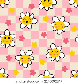 Retro style checkerboard naive daisy seamless pattern. Cute chamomile characters print for nursery and baby fashion. Simple floral illustration for fabric, paper, stationery. 
