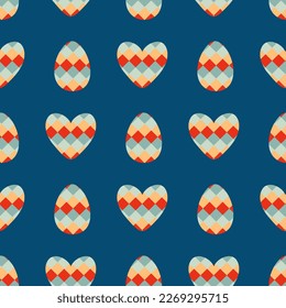 Retro style checkered Easter eggs and hearts seamless pattern. Perfect print for tee, paper, fabric, textile. Vintage vector illustration for decor and design.
