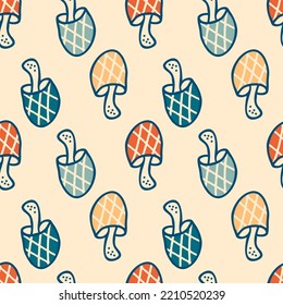 Retro style checkered mushrooms seamless pattern. Autumn print for tee, paper, fabric, textile. Hand drawn vector illustration for decor and design. 


