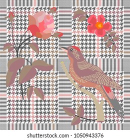 Retro style checkered  print with embroidered roses and woodpecker. Seamless hounds tooth pattern with English motifs. Textile design for school uniform, plaids, scarfs. Red flower on grey background.