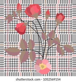 Retro style checkered  print with embroidered roses. Seamless hounds tooth pattern with Victorian motifs. Textile design for school uniform, plaids, scarfs. Red flower on grey background.