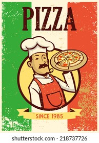 retro style chef presenting a plate of pizza